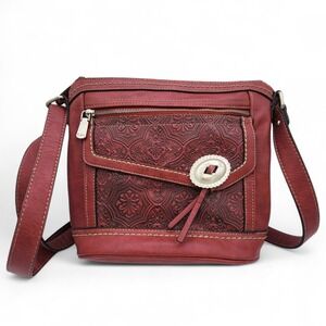 B.O.C. Crossbody Bag Concho Red Floral‎ Tooled Western Rockabilly Durable Vinyl